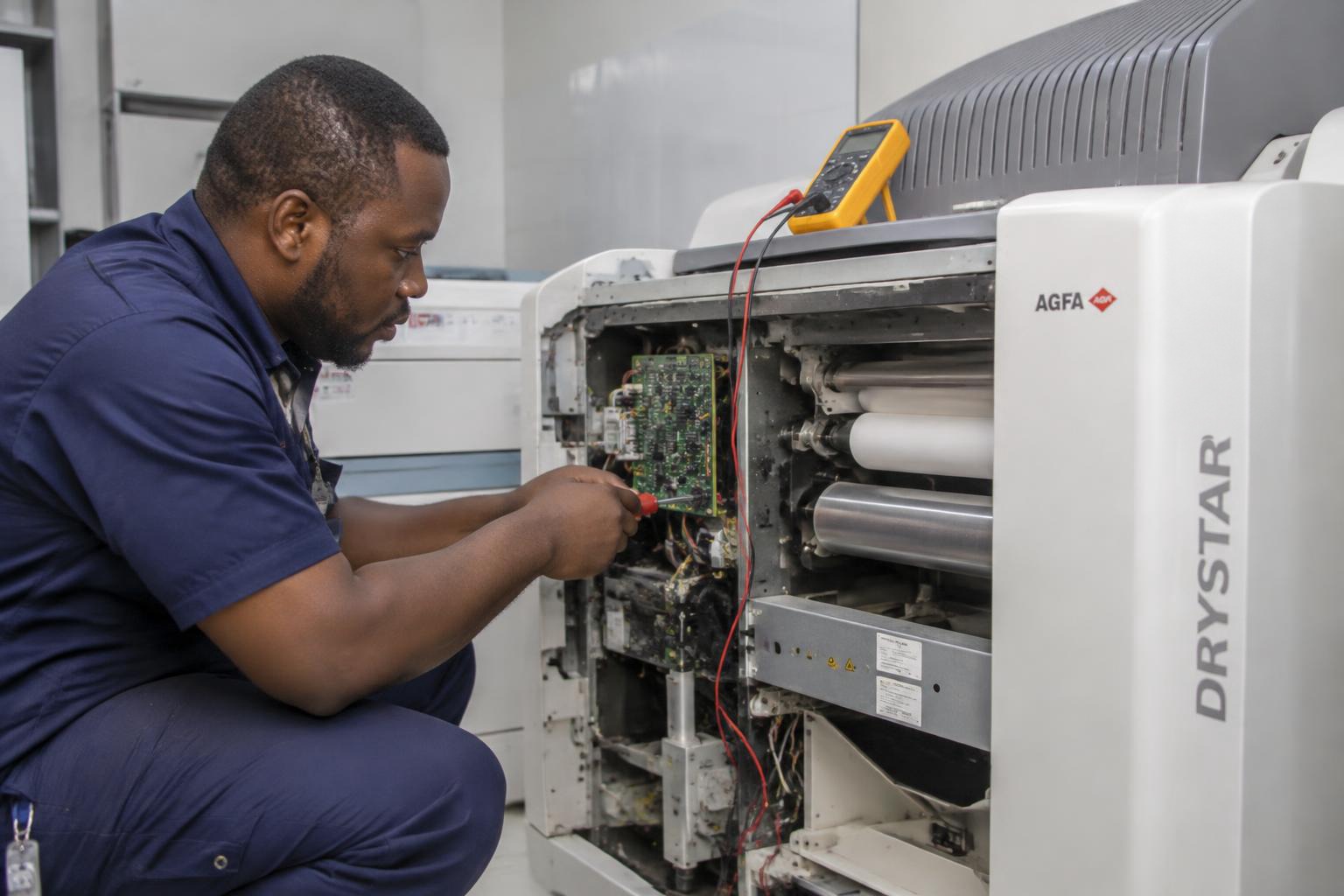 Tymgrey engineer servicing an opened AGFA medical film printer